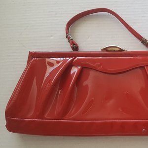 Vintage Shiny Large Red Patent Snap Clutch Handbag Purse Mid Century Modern